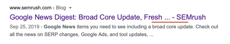 Google search result for Semrush blog about Google News Broad Core Update