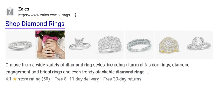 Resultados da SERP do Google mostrando a página da Zales com a tag de título "Compre anéis de diamante"