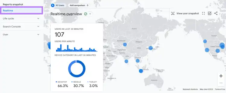 "Realtime" (Tempo real) selecionado em "Reports snapshot" (Instantâneo de relatórios)