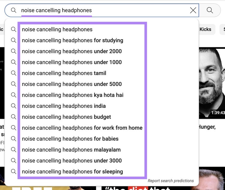 Lista de sugestões de preenchimento automático do termo de pesquisa "fones de ouvido com cancelamento de ruído" no Youtube.
