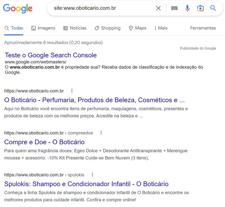 usando operador de pesquisa de site no Google