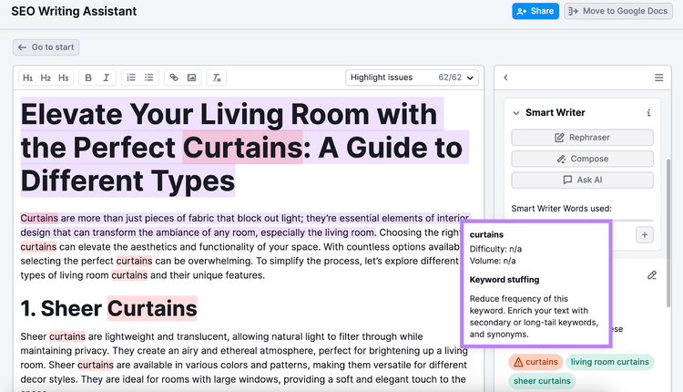 Um pop-up de aviso no SEO Writing Assistant destacando casos de excesso de palavras-chave