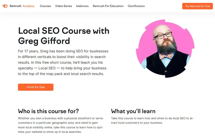 Página de destino do curso de SEO local com Greg Gifford