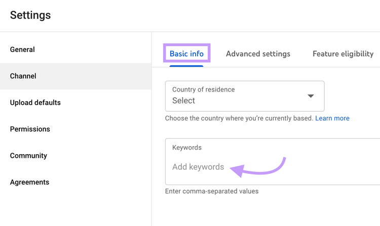 Como adicionar palavras-chave ao canal do Youtube na guia "Informações básicas" nas configurações do "Canal".