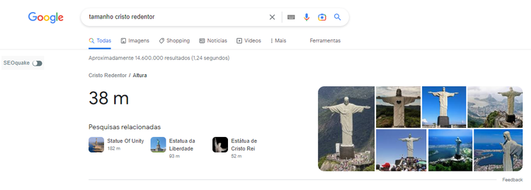 print da SERP do google ao buscar por "tamanho cristo redentor"