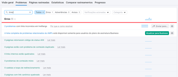 lista de erros na ferramenta auditoria do site