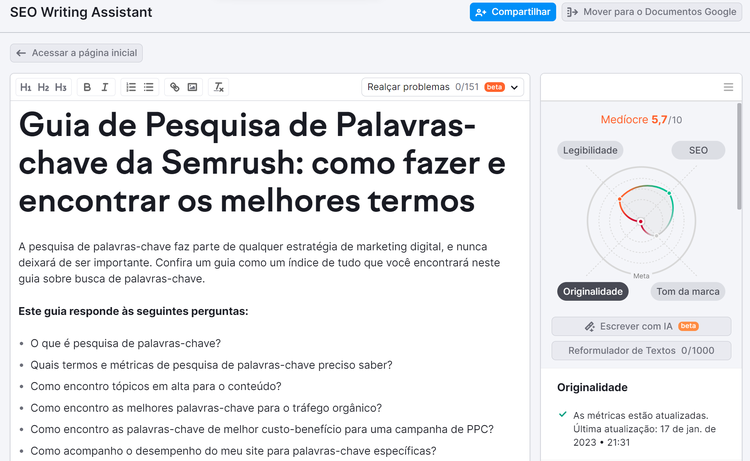 usando a ferramenta seo writing assistant