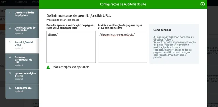 Semrush: definir máscaras permitir/proibir URLs