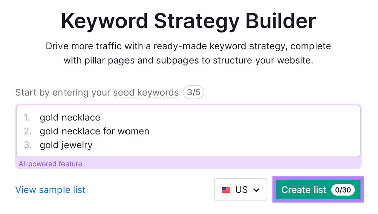 Keyword Strategy Builder da Semrush com palavras-chave iniciais inseridas e o botão "Criar lista" em destaque