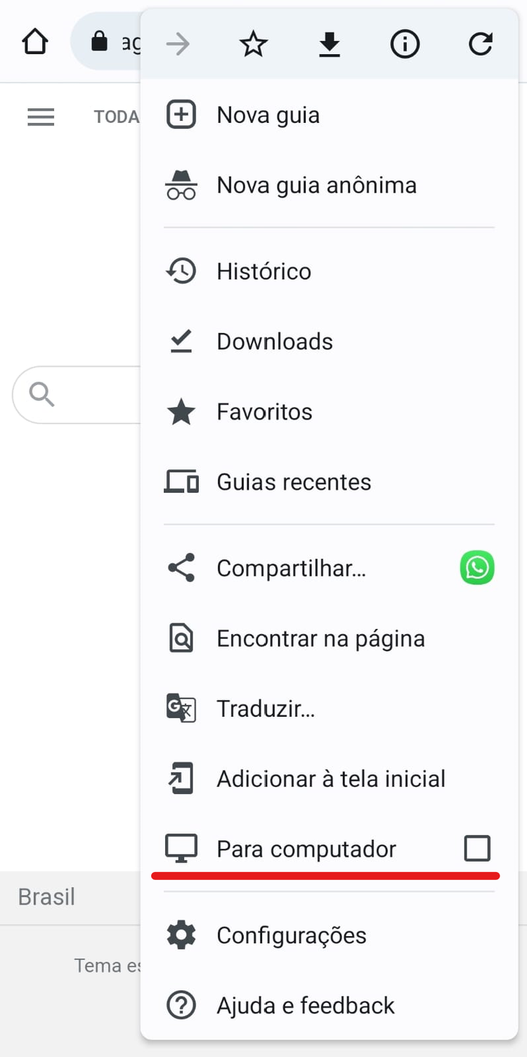 Menu Chrome português: opções para nova guia, histórico, downloads, favoritos, configurações