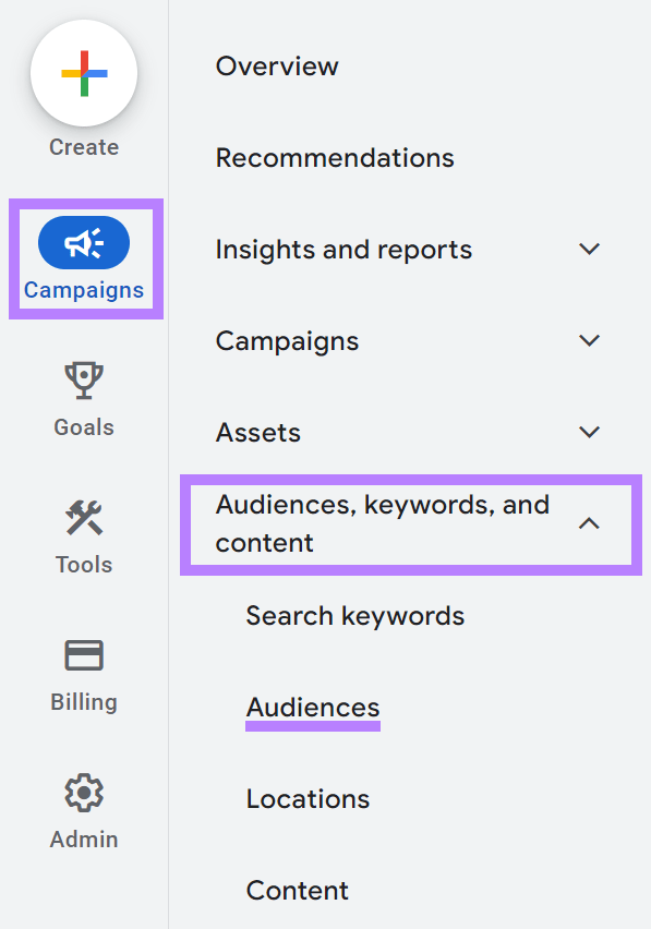 Navegando até "Públicos-alvo" na conta do Google Ads.