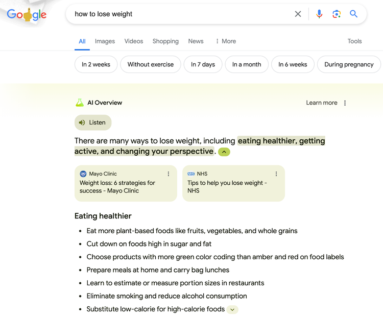 Visão geral da IA no Google, mostrando resultados para "como perder peso"