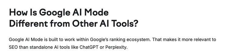 Text heading about Google AI Mode differences from ChatGPT and Perplexity tools