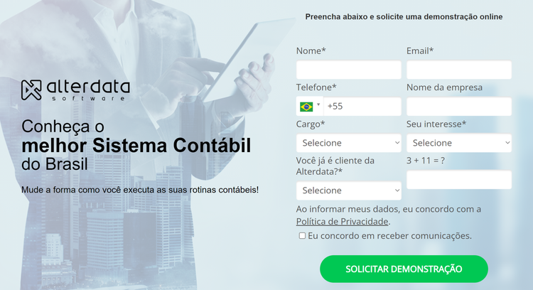 Formulário Alterdata para solicitar demonstração online de sistema contábil com campos