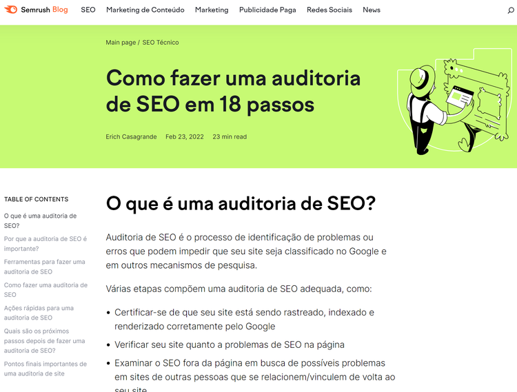 Artigo de blog sobre auditoria de SEO com links de referência estruturados