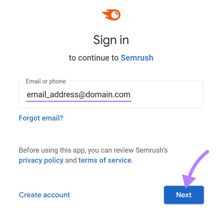 Janela "Faça login para continuar no Semrush"