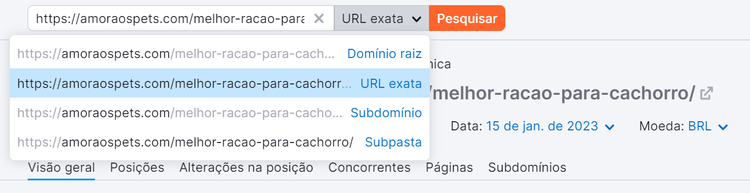 opção url exata na ferramenta pesquisa orgânica