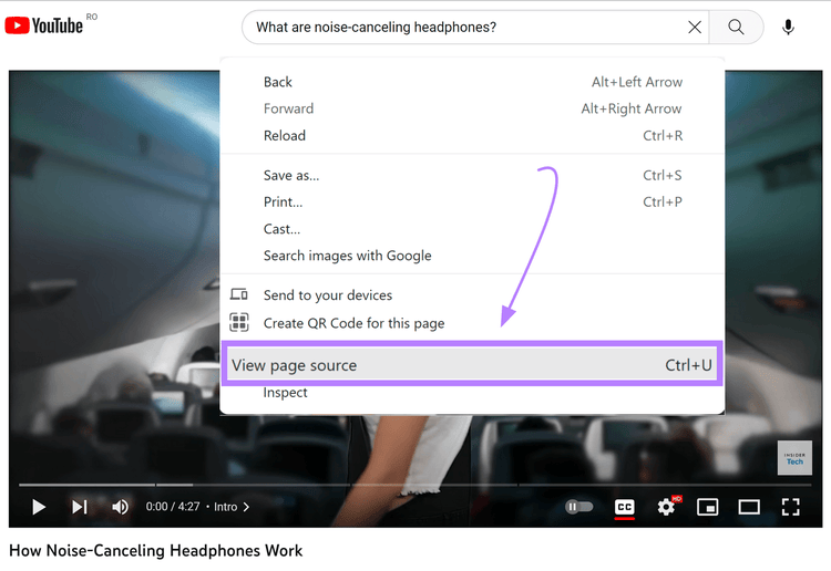 Opção "Visualizar fonte da página" exibida para um vídeo do YouTube.