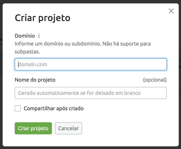 Dialog box para criar novo projeto com campos de domínio e nome