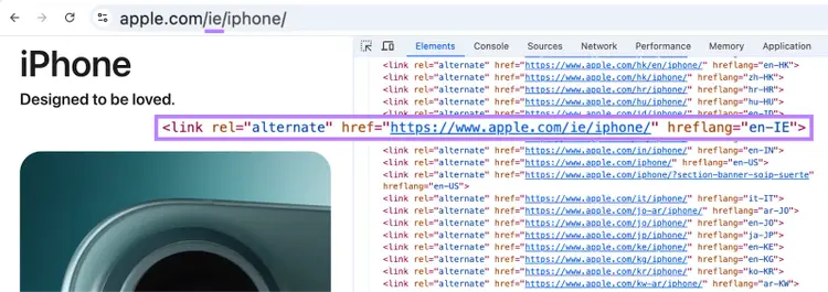 No código-fonte, o atributo hreflang mostra a URL da Irlanda e o valor hreflang en-ie.