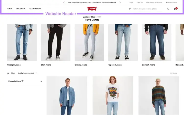 cabeçalho do site levis