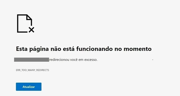 Browser error page in Portuguese: Esta página não está funcionando ERR_TOO_MANY_REDIRECTS