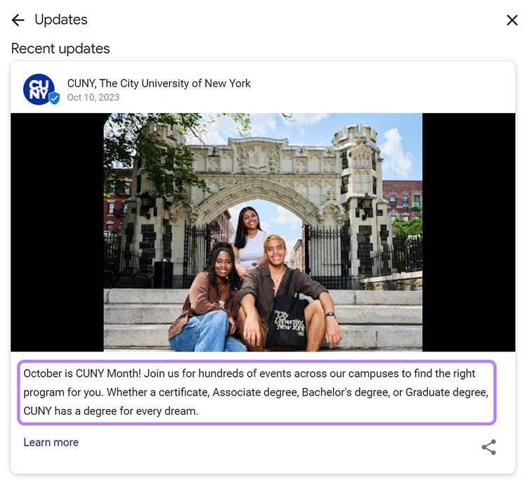 Postagem de atualização do perfil da City University of New York no Google Meu Negócio