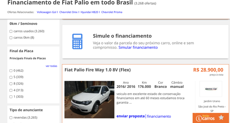 iCarros Fiat Palio financing page with simulator and car listing price R$ 28.900 year 2016