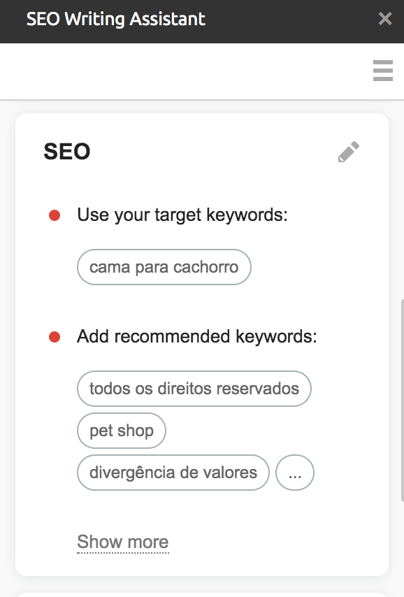 SEO Writing Assistant recomendações com palavras-chave