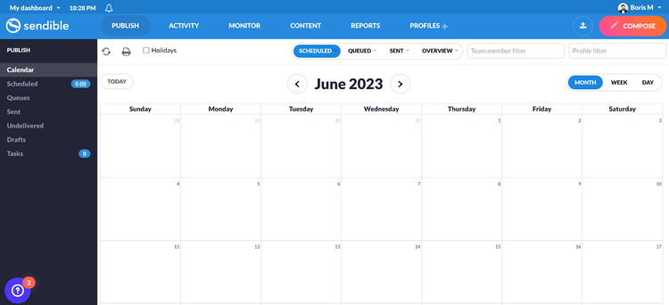 calendário de conteúdo no Sendible