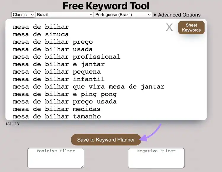 resultados da ferramenta keyword sheeter