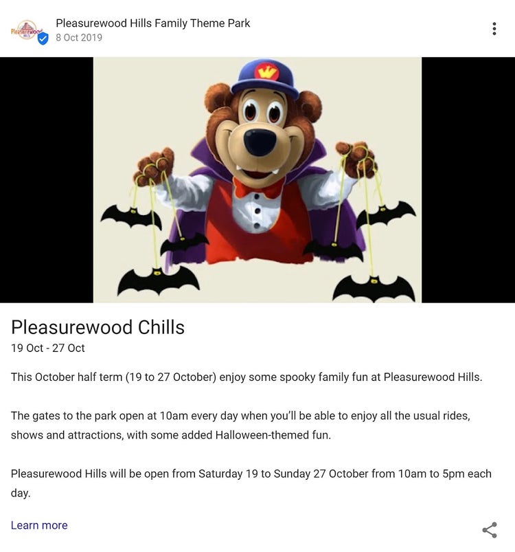 Postagem sobre o evento no perfil do Google Meu Negócio do Parque Temático Familiar Pleasurewood Hills