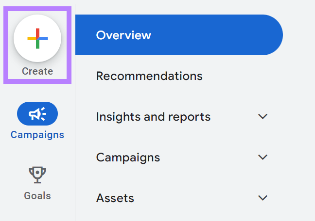 Botão "Criar" destacado na página da conta do Google Ads