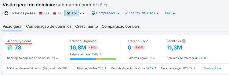 authority score na ferramenta visão geral do domínio