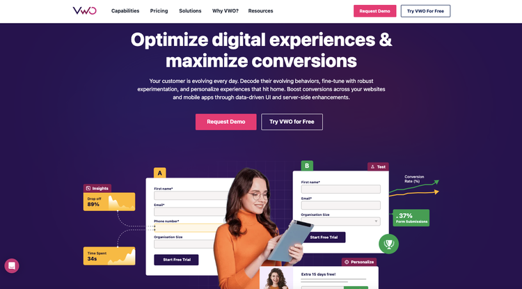 Website VWO mostrando otimização de experiência digital e testes A/B