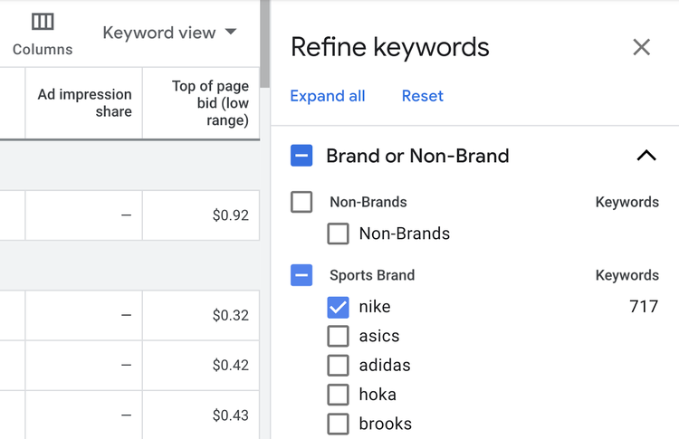 Filtre a lista apenas para exibir ideias de palavras-chave que contenham a palavra “nike”