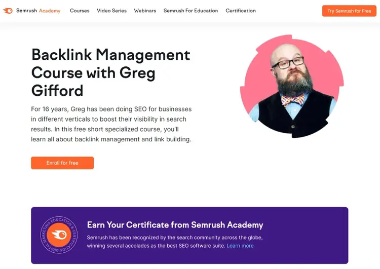 Página de destino do curso de gerenciamento de backlinks com Greg Gifford