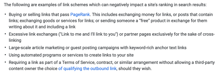 Texto sobre esquemas de links prejudiciais: compra, troca excessiva, guest posts, automáticos