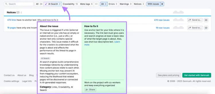 Semrush Site Audit Notices panel with issue filtering and highlighted anchor text notice