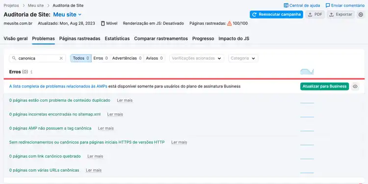 seção de "erros" na Auditoria do site mostrando 0 "erros"