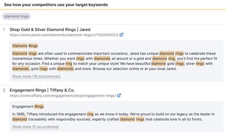Confira como os concorrentes usam suas palavras-chave alvo na lista do SEO Content Template da Semrush