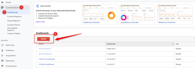 Google Data Studio interface mostrando dashboards com seta apontando para opção