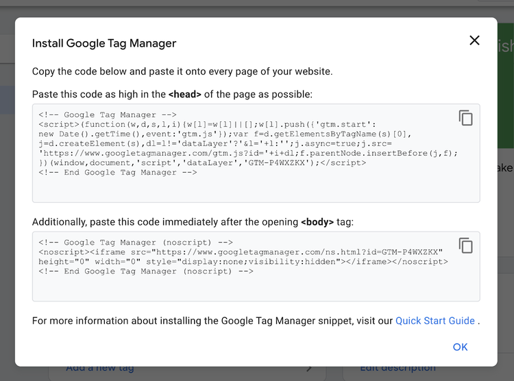 trecho de código para instalar o gtm