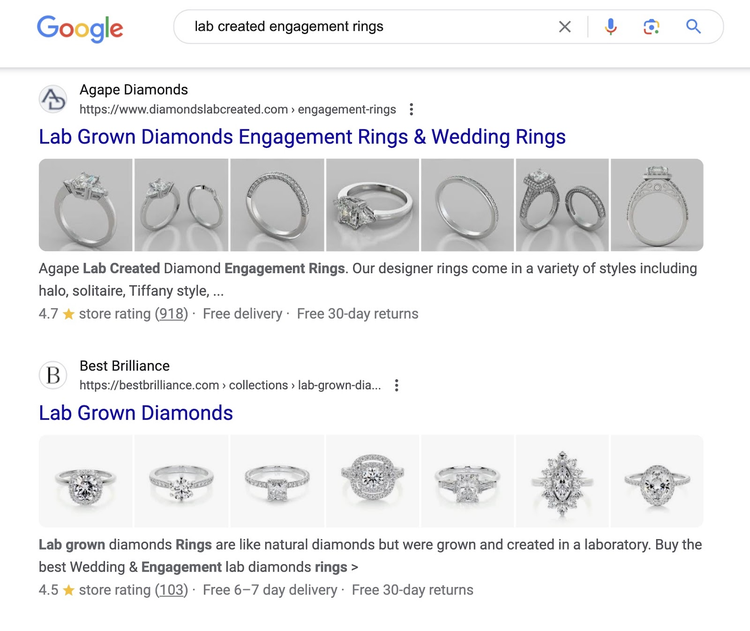 Resultados da pesquisa orgânica do Google para a palavra-chave "anéis de noivado criados em laboratório"