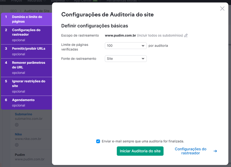 configurações de auditoria do site