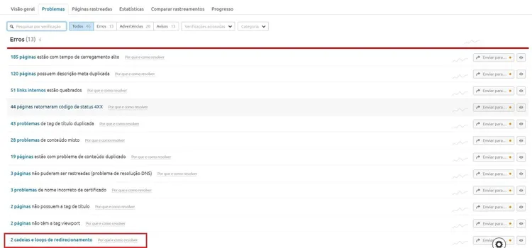 Site Audit errors list showing redirect issues with 3 cascading redirects highlighted