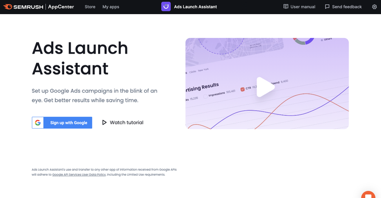 Interface Ads Launch Assistant do Semrush com opções para configurar campanhas