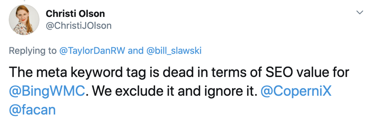 Twitter post from Christi Olson stating Bing excludes and ignores meta keyword tag