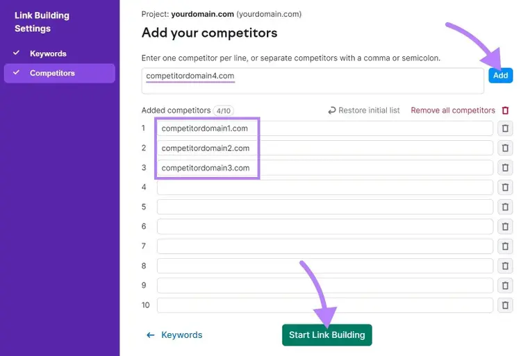 Janela pop-up "Adicionar seus concorrentes" na Ferramenta de Link Building
