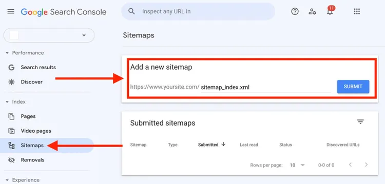 opção sitemaps no search console